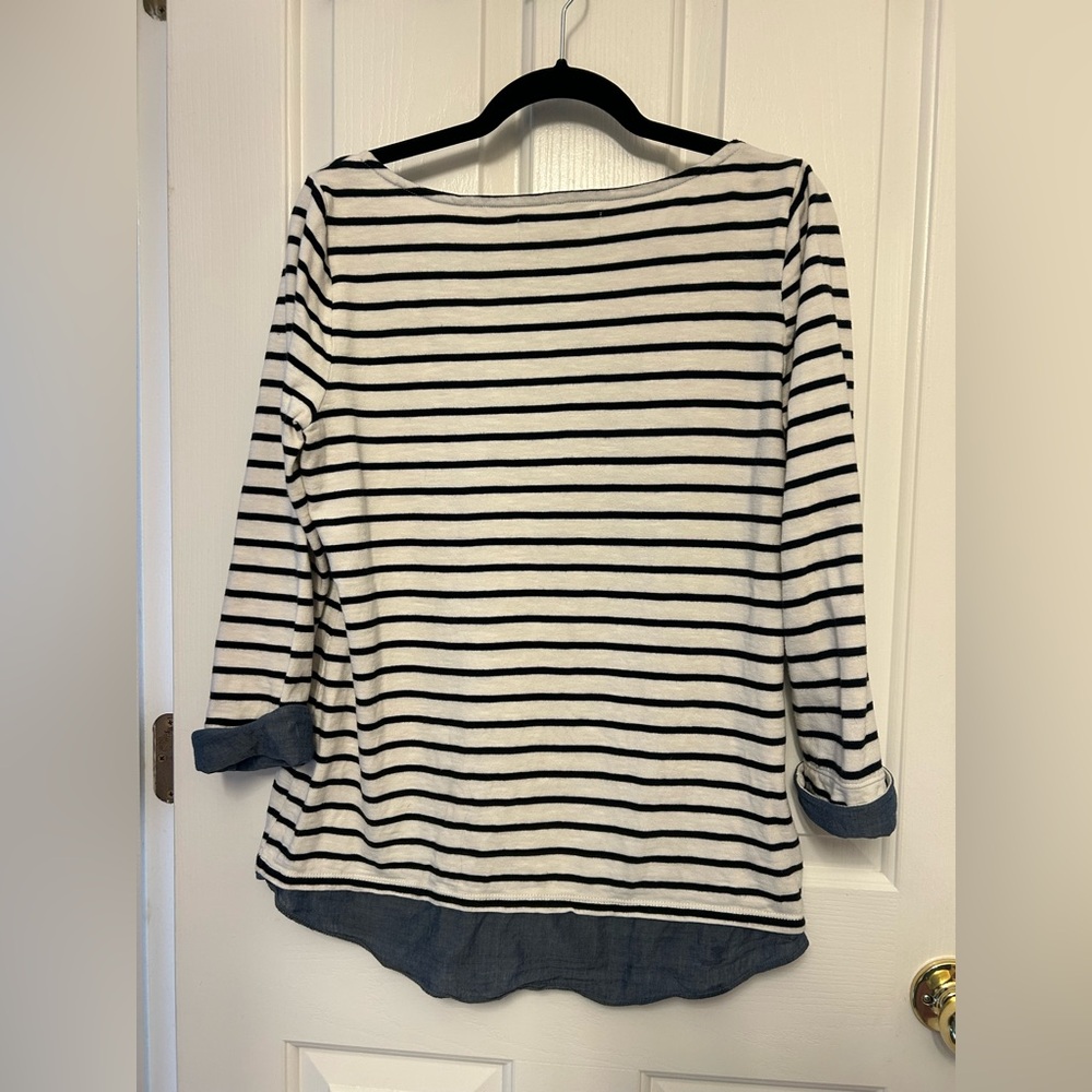 LOFT Navy and White Striped Long Sleeve Top with Denim trim on Hem, Size Medium - Picture 4 of 6